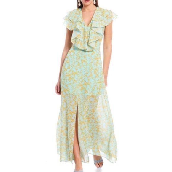 Sachin + Babi Maxi Dress Floral Blue Seafoam Gold Wedding Guest Boho Size 14 - Picture 1 of 8